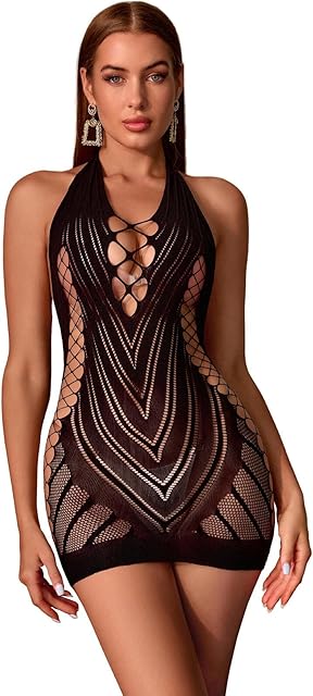 Women's Mesh Fishnet Cut Out BobyStocking Babydoll Bodysuit Clubwear Sexy Lingerie Mini Dress