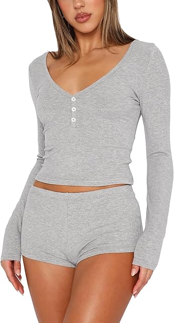 Womens 2 Piece Pajama Sets Sexy PJ Shorts Y2k V Neck Long Sleeve Lounge Set Sleepwear Crop Top with shorts