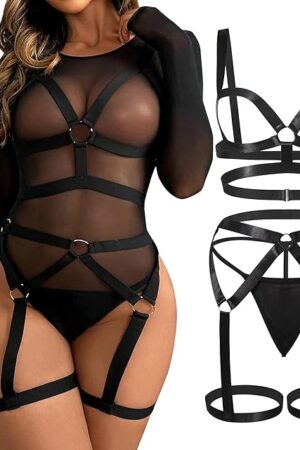 Women's Sexy Strappy Lingerie Set Hollow Out Harness Bra and Garter Belt Set Wide Straps Elastic Gothic Underwear Push-up Bras Bandage Suspenders + G-string Black