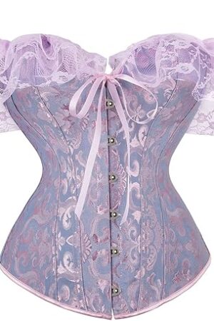 Women Sexy Boned Bustier Corset Top Bride Lace Up Floral Satin Overbust Body Shaper Lingerie with Lace Sleeve
