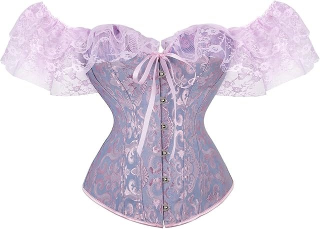 Women Sexy Boned Bustier Corset Top Bride Lace Up Floral Satin Overbust Body Shaper Lingerie with Lace Sleeve