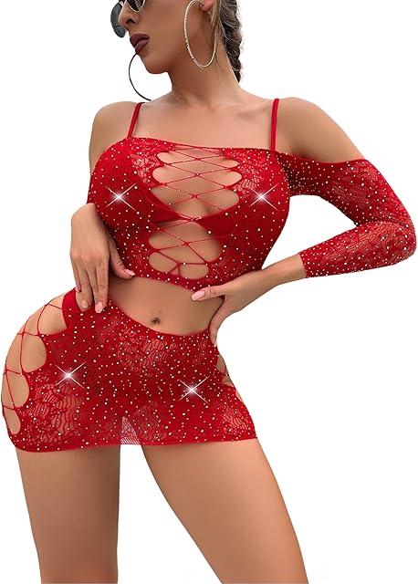 Women's Rave Sparkle Rhinestone Bodysuit - EDC Sexy Fishnet Outfits Cutout Crop Top Short Dress Lingerie 2Pcs Set
