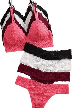 Women's 8 Piece Sexy Lace Lingerie Matching Bralette Bra and Panty Set