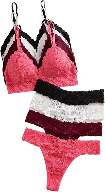 Women's 8 Piece Sexy Lace Lingerie Matching Bralette Bra and Panty Set