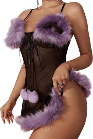 Women's Two Piece Fuzzy Mesh Babydoll Lingerie Set with Low Rise Thong