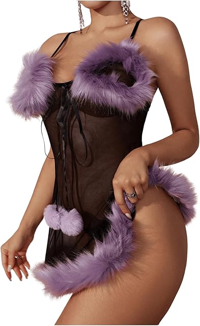 Women's Two Piece Fuzzy Mesh Babydoll Lingerie Set with Low Rise Thong