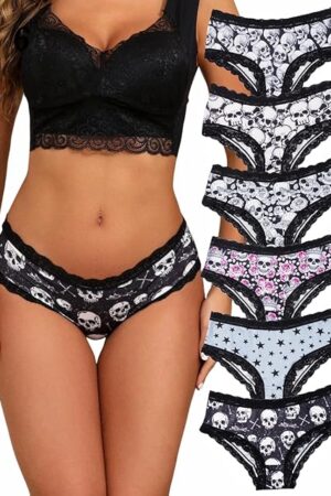 6pcs Women Underwear Gothic Sexy Halloween Skulls Roses Allover Print Contrast Lace Hipsters Panties