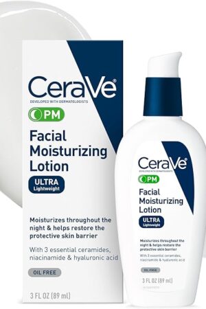 CeraVe PM Facial Moisturizing Lotion, Night Cream with Hyaluronic Acid and Niacinamide, Ultra-Lightweight, Oil-Free Moisturizer for Face, 3 Ounce