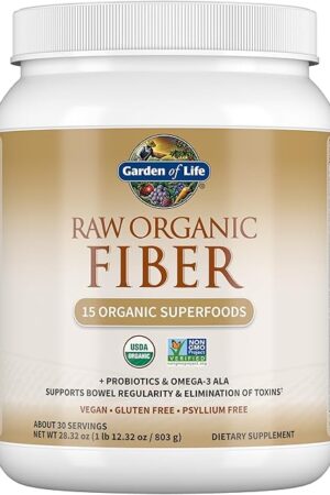 Garden of Life Raw Organic Fiber Powder, 30 Servings, 15 Organic Superfoods, Probiotics, Omega-3 ALA, Soluble and Insoluble Fiber for Regularity, Psyllium Husk Free