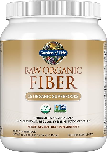 Garden of Life Raw Organic Fiber Powder, 30 Servings, 15 Organic Superfoods, Probiotics, Omega-3 ALA, Soluble and Insoluble Fiber for Regularity, Psyllium Husk Free