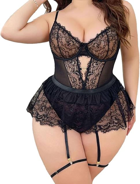 Women's Plus Size Teddy Lingerie with Garter Sexy Lace Bodysuit Ruffles Snap Crotch One Piece Jumpsuit for Going Out