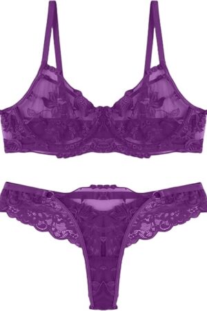 Women Sheer Mesh Lingerie Set Embroidered Lace Underwire Bra and Panty 2 Piece