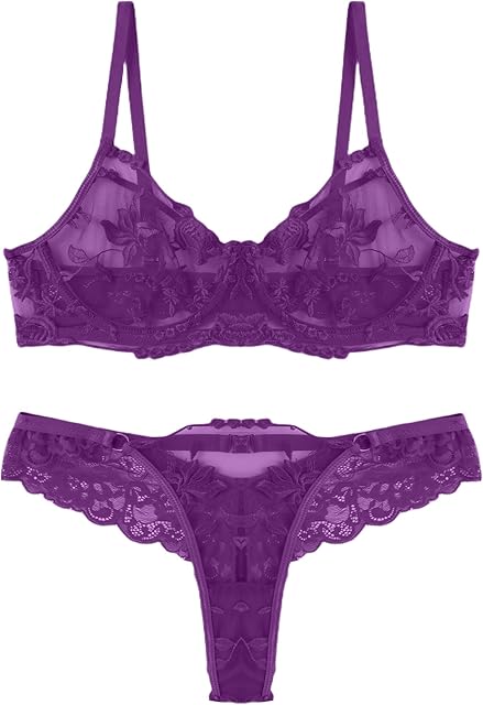 Women Sheer Mesh Lingerie Set Embroidered Lace Underwire Bra and Panty 2 Piece