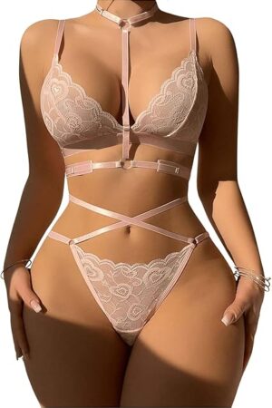 Women's Lace Heart Print Cut Out Lingerie Set Mesh Sheer Bralettes and Panty Sets