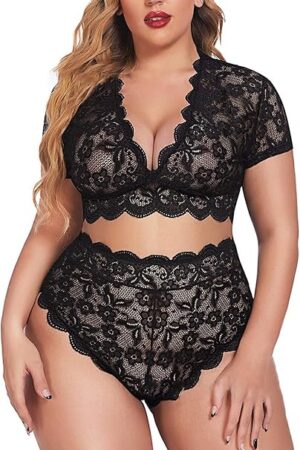 Lace Lingerie for Women Plus Size Tummy Control Underwear Sexy Deep V Neck Short Sleeve Crop Top and Panties Set