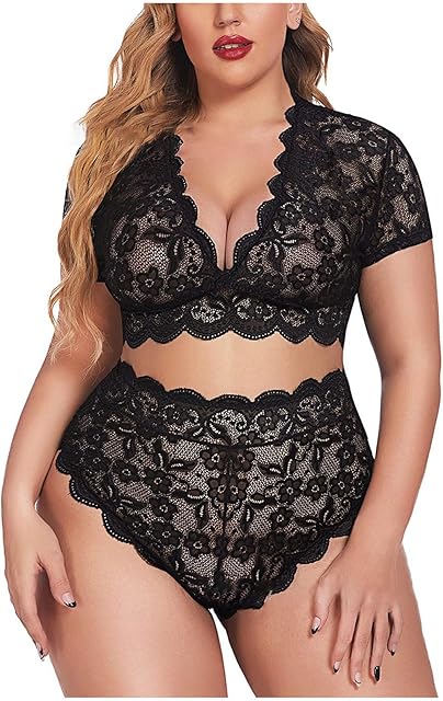 Lace Lingerie for Women Plus Size Tummy Control Underwear Sexy Deep V Neck Short Sleeve Crop Top and Panties Set