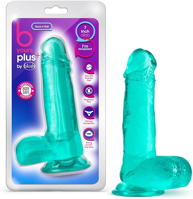 Blush Novelties B Yours Plus Rock n' Roll - Realistic 7.25 Inch Crystal Clear Soft Dildo - Powerful Suction Cup Base for Hands Free Play - Harness Strap On Compatible - Sex Toy for Her Him Couples