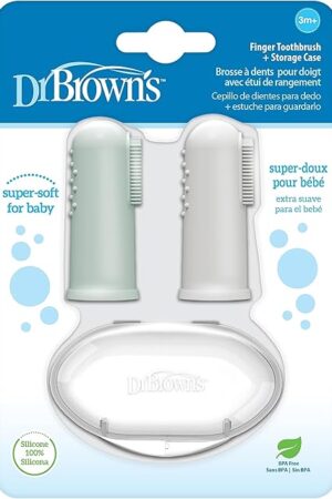Dr Brown's Silicone Finger Toothbrush for Baby with Travel-Storage Case, 3m+, Gray and Light Green, 2 Count, (Pack of 1)