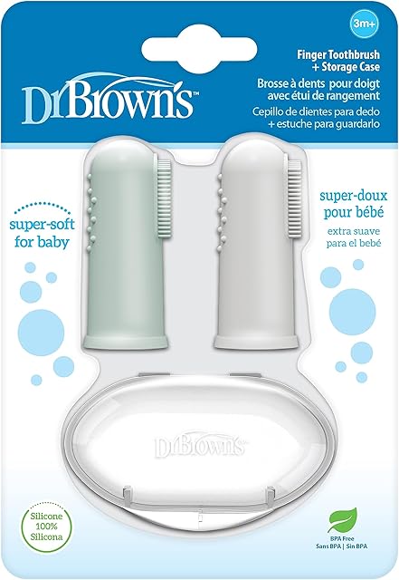 Dr Brown's Silicone Finger Toothbrush for Baby with Travel-Storage Case, 3m+, Gray and Light Green, 2 Count, (Pack of 1)