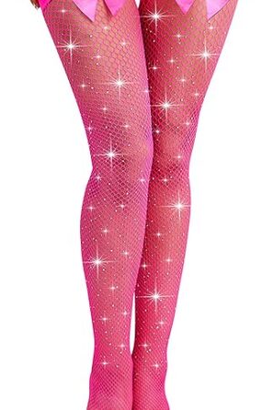 Women Thigh High Stockings Sparkly Rhinestone Fishnets with Satin Bow Tights Pantyhose Hosiery