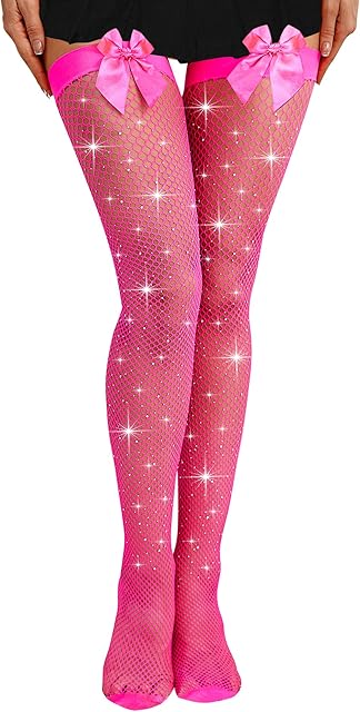 Women Thigh High Stockings Sparkly Rhinestone Fishnets with Satin Bow Tights Pantyhose Hosiery