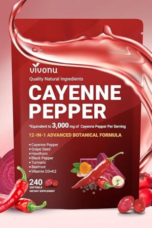 Cayenne Pepper Softgels Supplement, Supports Leg Vein, Heart and Blood Vessel Health, with Vitamin E D3+K2 and Extracts of Grape Seed, Hawthorn, Beetroot, Berberine and Others (240 Softgels/1 Bag)