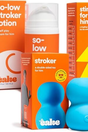 Hello Cake Mens Self Play Pack- So-Low Lotion Below The Belt Moisturizing Cream, Stim for Him Stimulating Serum, and Stroker Masturbating Sex Toy for Men Solo Play Bundle