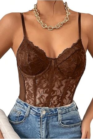 Women's Sexy Floral Lace Sheer Mesh Corset Bodysuit Spaghetti Strap Cami Tops Going Out