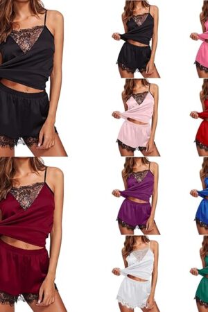 Women's Pajamas Lace Trim Short PJS Sets V Neck Cami Sleeveless Sexy Pajama Set for Women camisole shorts Outfits