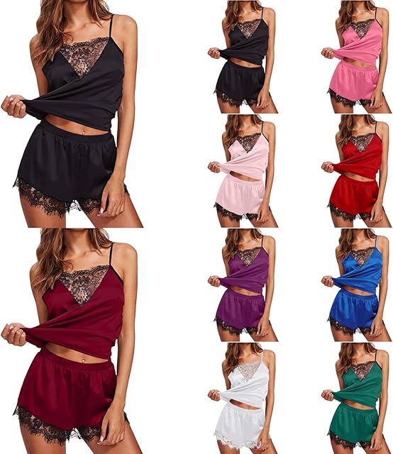 Women's Pajamas Lace Trim Short PJS Sets V Neck Cami Sleeveless Sexy Pajama Set for Women camisole shorts Outfits