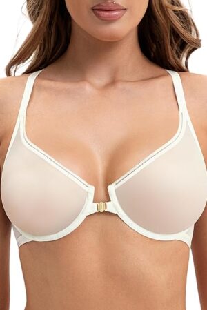 Women's Front Closure Sexy See-Through Underwire Bra Sheer Unlined Racerback Bra for Everyday(Ivory,36D)