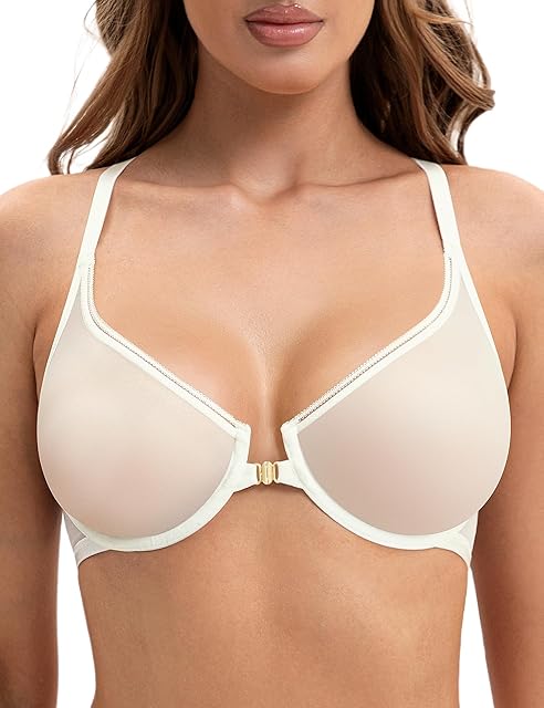 Women's Front Closure Sexy See-Through Underwire Bra Sheer Unlined Racerback Bra for Everyday(Ivory,36D)
