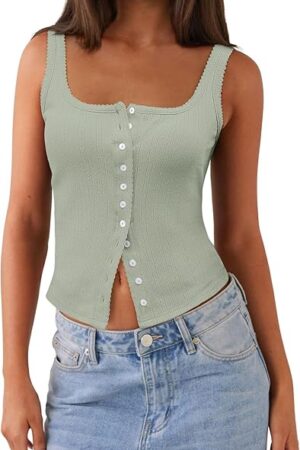 Women Square Neck Crop Tank Tops Sexy Y2K Summer Sleeveless Button Down Fitted Shirts Lace Going Out Camisole Tops