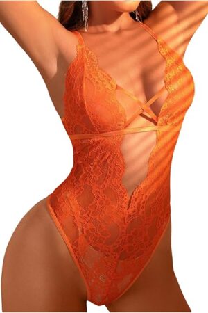 Women's Floral Lace Criss Cross Lingerie Bodysuit Backless Deep V Neck Sheer Teddy Bodysuits