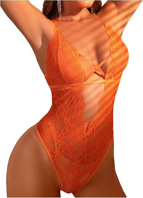 Women's Floral Lace Criss Cross Lingerie Bodysuit Backless Deep V Neck Sheer Teddy Bodysuits