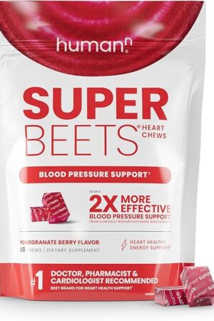 humanN SuperBeets Heart Chews, Nitric Oxide and Blood Pressure Support, Grape Seed Extract & Non-GMO Beet Root Powder Energy Supplement, Pomegranate Berry Flavor, 60 Count