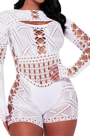 Fishnets Bodysuits for Women Sexy Jumpsuits Mesh Long Sleeve Bodystockings Lace Lingerie for Women Sexy Costumes