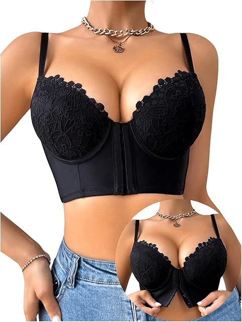 Women's Push Up Underwire Front Closure Lace Bra High Support Longline Sexy Bra