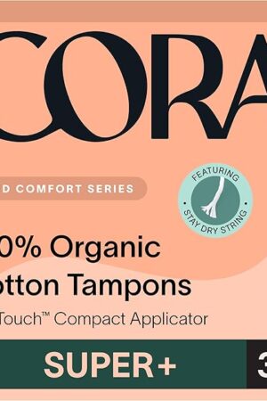 Cora Organic Applicator Tampons | Super Plus Absorbency | 100% Organic Cotton, Unscented, BPA-Free Compact Applicator | Leak Protection | Packaging May Vary | 36 Total