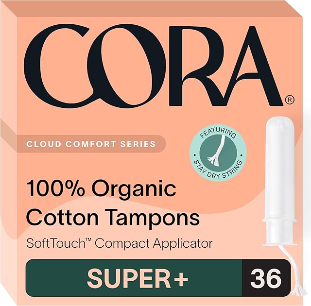 Cora Organic Applicator Tampons | Super Plus Absorbency | 100% Organic Cotton, Unscented, BPA-Free Compact Applicator | Leak Protection | Packaging May Vary | 36 Total