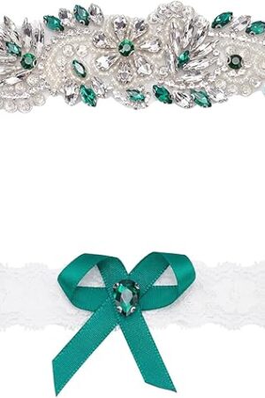 WEBEEDY 2 Pcs Lace Bridal Garter Rhinestone Wedding Bridal Garter Set Rhinestone Green Sexy Leg Garters for Wedding Stretch Bridals Garters Sets with Rhinestones