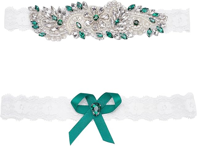 WEBEEDY 2 Pcs Lace Bridal Garter Rhinestone Wedding Bridal Garter Set Rhinestone Green Sexy Leg Garters for Wedding Stretch Bridals Garters Sets with Rhinestones