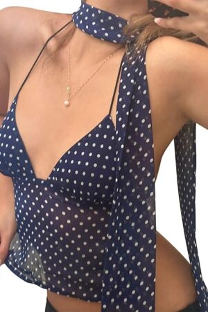 Y2k Girls Cute Polka Dot Cami Tops Women Sexy Summer Camisole Crop Top Backless Coquette Halter Neck Shirt