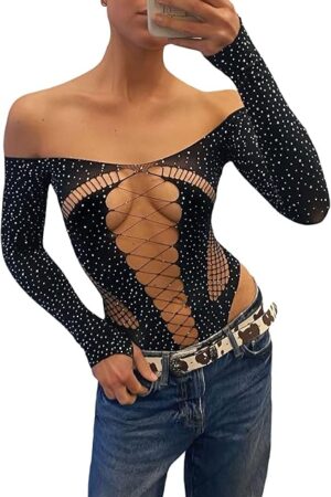 Womens Mesh Long Sleeve Bodysuit with Rhinestone Fishnet Bodysuits Top Sexy See Through Rave Lingerie Romper