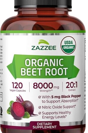 Zazzee USDA Organic Beet Root 8000 mg Strength 20:1 Extract, 120 Vegan Quick Release Capsules, Black Pepper Extract for Enhanced Absorption, Supports Nitric Oxide Production, Non-GMO, Made in The USA