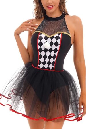 Woman Adult Jester Costume Sexy Circus Clown Harlequin Halloween Fancy Tutu Dress Bodysuit Outfit