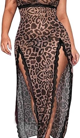 Womens Plus Size Leopard Mesh Lingerie Dress Split Long Slip Lace Trim Chemise Nightgown