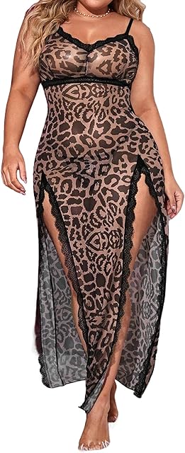 Womens Plus Size Leopard Mesh Lingerie Dress Split Long Slip Lace Trim Chemise Nightgown