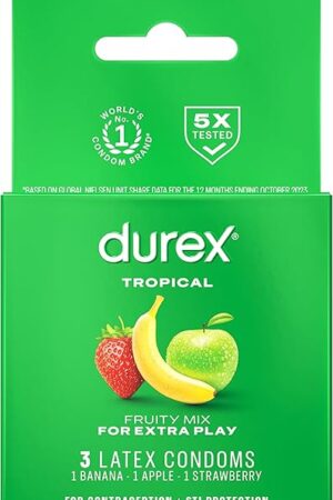 Condoms, Lubricated Latex, Durex Tropical Flavors Condom, 3 ct Mix of Tropical Orange, Banana and Strawberry Fruit Flavors