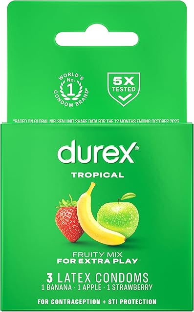 Condoms, Lubricated Latex, Durex Tropical Flavors Condom, 3 ct Mix of Tropical Orange, Banana and Strawberry Fruit Flavors